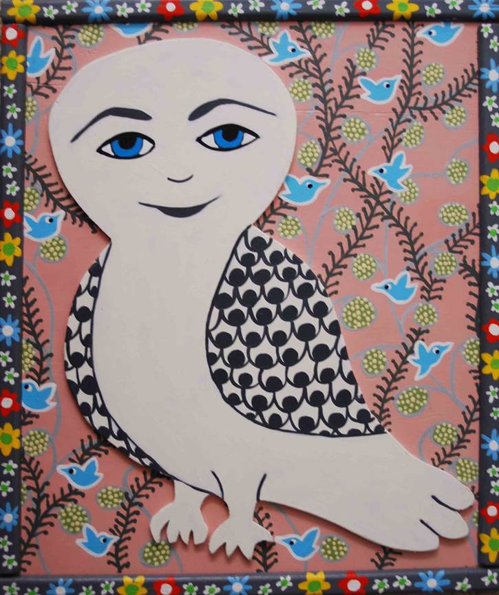 white owl cut out on light pink background with birds and light grey flowered border for web