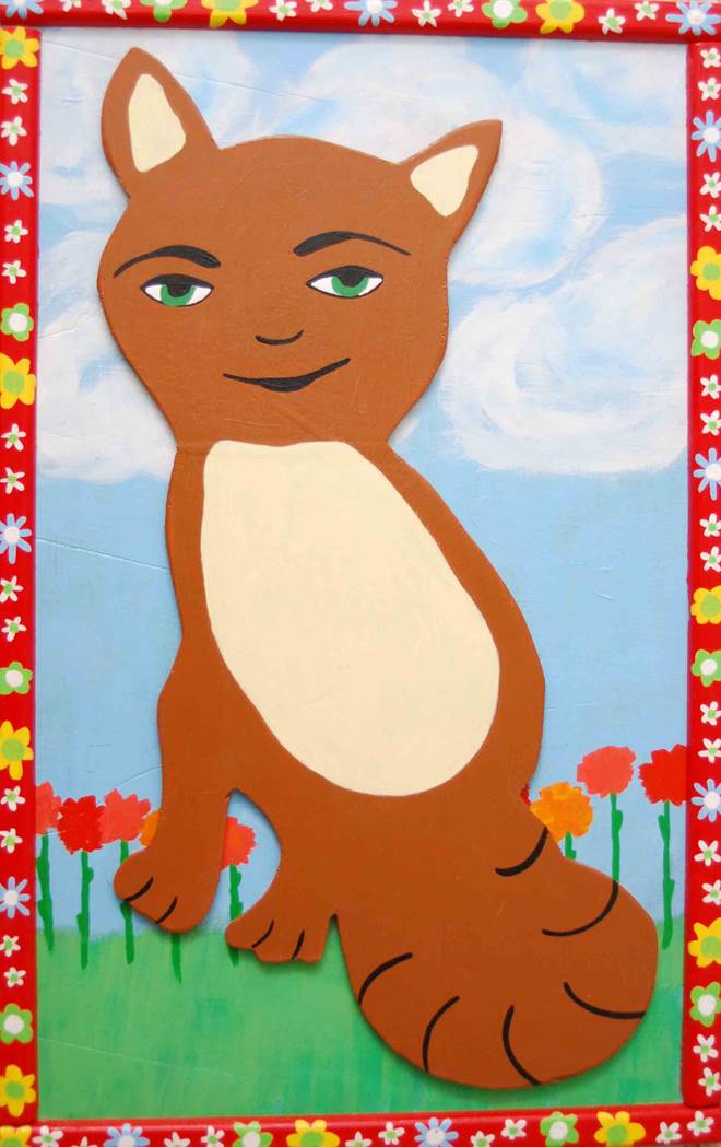 brown fox cut out on sky background with red flowered border for web