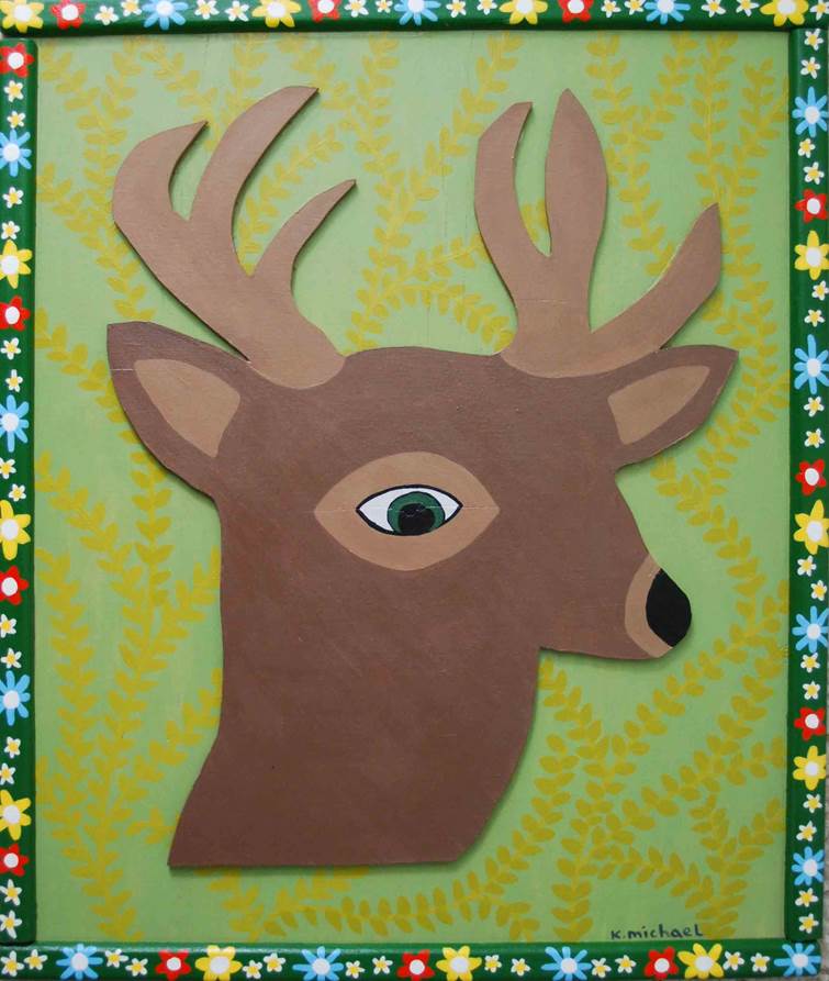 deer head with green vine background and green flowered border for web